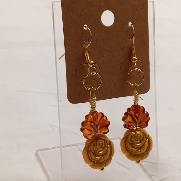 Steel Handmade Hand Crafted Leaf & Rose Beaded Dangle Earrings #55 - Picture 13 of 14
